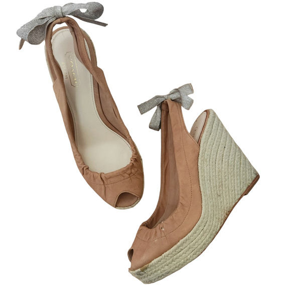 Coach Shoes - COACH Maritza leather slingback peep toe wedge heels tan bow sandals Size 6.5 B